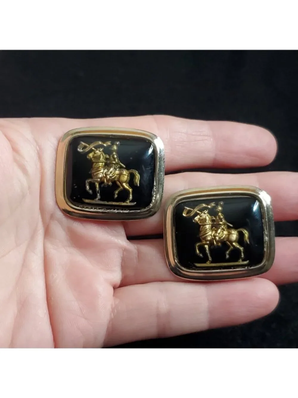 Vintage Warrior Cufflinks Gold Tone Black Equestrian 1.25